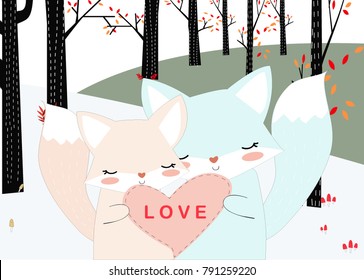 Vintage cute couple baby fox smile happy in romantic autumn forest jungle background,valentine pattern vector by freehand drawing doodle art,lovely animal invitation valentine card