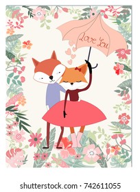 Vintage cute couple fox wolf cartoon happy time in romantic forest jungle flower and leaf,green blue spring summer background frame pattern vector,invitation card