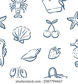 Vintage Cute Doodle hand drawn set. Elegant Summer vibes seamless pattern