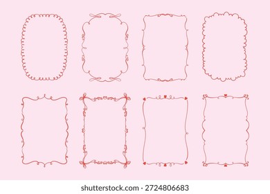 Vintage Cute Frame Borda Coleção com Fitas e Números. Quadros decorativos e na moda doodle com linhas de arte onduladas, peculiares, corações e arcos. Formas retangulares minimalistas perfeitas para cartões românticos