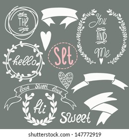 Vintage cute frames, ribbons and wreathes retro style set. Vector design elements.