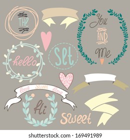 Vintage cute frames, ribbons and wreathes retro style set in gentle colors. Vector design elements.