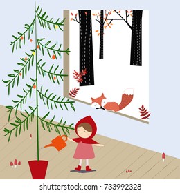 Vintage cute happy red hood girl and baby fox wolf merry Christmas card,jungle tree cartoon in romantic forest snow autumn background pattern,Illustration vector hand draw doodle comic art