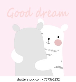 Vintage Cute Hug Happy Lovely Teddy Bear Cartoon And Good Dream Text,cute Animal Pattern Vector Hand Draw Doodle Comic Art