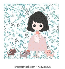 Vintage cute kitty cat kitten and lovely girl pastel cartoon on romantic blue flowers leaf background garden style pattern seamless,vector hand draw doodle comic art illustration