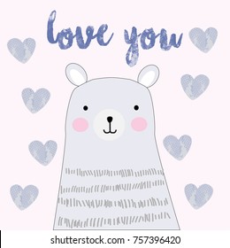 Vintage cute Love you text, happy lovely teddy bear cartoon cute animal pattern vector hand draw doodle comic art,for birthday or valentine card background
