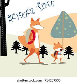 Vintage cute lovely baby kids fox wolf walking back school cartoon wildlife happiness smile and adorable,nature pattern background illustration vector,hand draw style doodle comic art,invitation card