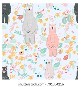 Vintage cute lovely big teddy bear cartoon seamless,pastel wild flowers and romantic leaf, happiness smile and adorable,background illustration vector,hand draw style doodle comic art,invitation card