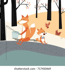 Vintage cute lovely happy baby fox and papa wolf cartoon go to picnic fishing in forest jungle with romantic autumn background for invitation, card vector pattern. Hand draw doodle comic art