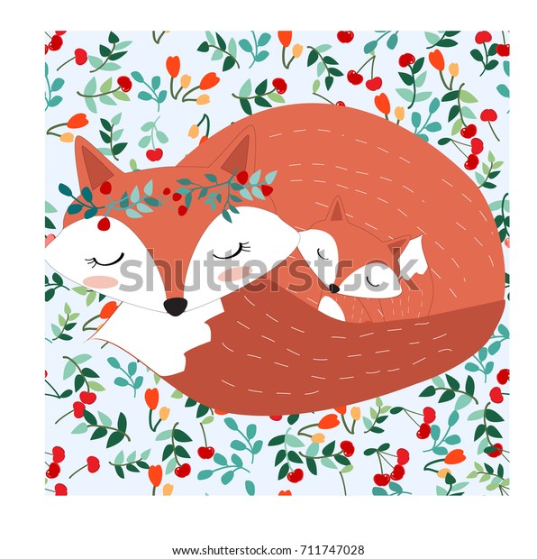ビンテージかわいい可愛い母狐と子狼の漫画シームレス パステルベリーの桜のロマンチックな葉 幸せ 背景イラストベクター画像 手描きの落書き風漫画アート 招待状 のベクター画像素材 ロイヤリティフリー