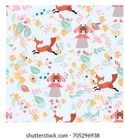 Vintage cute lovely rabbit hood girl and fox or wolf cartoon seamless,pastel wild flowers and romantic leaf,happiness smile and adorable,background illustration vector,hand draw style doodle comic art