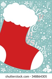 Vintage Cute red sock card with Merry christmas calligraphy and Winter Holiday Elements. Greeting hand drawn illustration for Xmas.