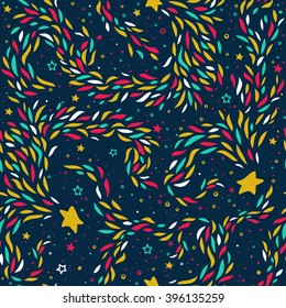 Vintage cute seamless pattern design with hand drawn doodles, falling stars and lovely cartoon elements. Template for t-shirt or bag print, greeting card, wrapping paper.  Golden, red, blue colors.