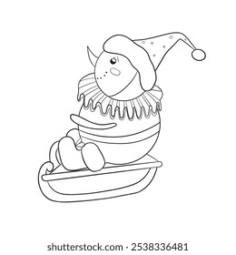 Vintage cute snowman in boots, frill and hat rides on a sled. Black and white vector hand-drawn illustration in cartoon style. Christmas element for cards, print, banners and other design