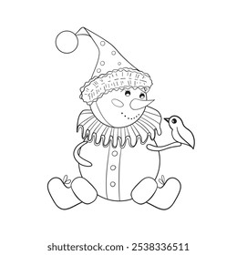 Vintage cute snowman in boots, frill and hat holding a cute bird. Black and white vector hand-drawn illustration in cartoon style. Christmas element for cards, print, banners and other design