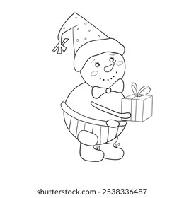 Vintage cute snowman in boots, pants and cap holds a gift. Black and white vector hand-drawn illustration in cartoon style. Christmas element for cards, print, banners and other design