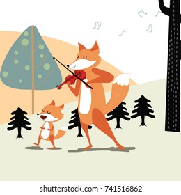 Vintage cute spring summer fox wolf sing a song and playing violin with romantic flower and leaf background pattern vector hand draw doodle art