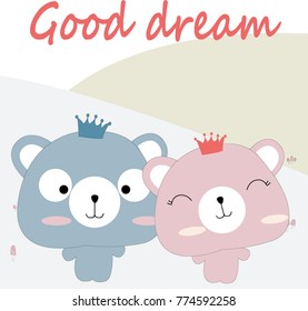 Vintage cute spring summer hello happy lovely teddy bear couple cartoon in romantic forest jungle background pattern vector hand draw doodle comic art