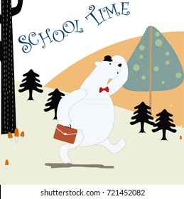 Vintage cute spring summer teddy bear running back to school with romantic flower and leaf background,forest wildlife scene pattern vector hand draw doodle comic art illustration
