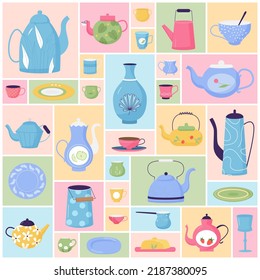 Vintage cute tableware set for afternoon tea time vector illustration. Cartoon home or cafe dinnerware collection with teapot teacup cup kettle bowl butter dish in geometric collage background