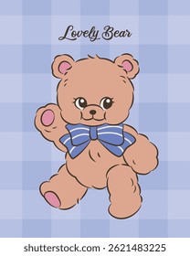 Vintage and cute teddy bear character illustration on purple checkered background
