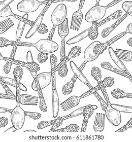 Vintage Cutlery Black and white Seamless pattern. Hand drawn Sketch spoon, fork, knife, top view. Vector illustration