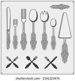 Vintage cutlery set. Outline drawing spoon, fork and knife. Cooking design.
