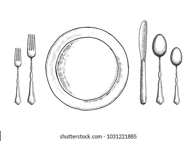 vintage cutlery vector sketch  table setting set