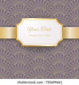 Vintage cutout figure frame with golden borders and satin ribbon. Royal ornate background. Paper cut 3d label. Luxury design template for wedding invitation or greeting card. Vector illustration.