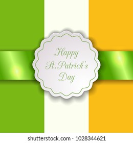Vintage cutout frame with 3d green satin ribbon on striped background of Irish colors. Invitation or greeting card design layout. Template for St. Patrick's Day. Vector illustration 