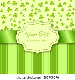 Vintage cutout frame with 3d green satin ribbon on background of shamrock leaves and stripes. Template for St. Patrick's Day. Vector illustration EPS 10