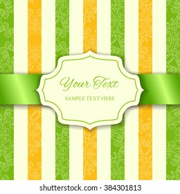 Vintage cutout frame with 3d green satin ribbon on striped background of Irish colors. Template for St. Patrick's Day. Vector illustration EPS 10