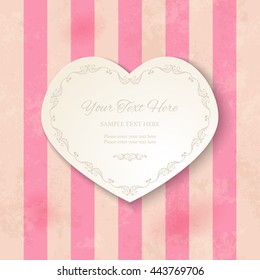 Vintage cutout heart shaped frame on striped pink background. Old stained paper texture. Paper cut 3d design. Template for wedding invitation, valentine or greeting card. Vector illustration EPS10