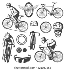 Vintage cycling elements collection with cyclists riding bicycles mask skull in helmet chain sprockets isolated vector illustration