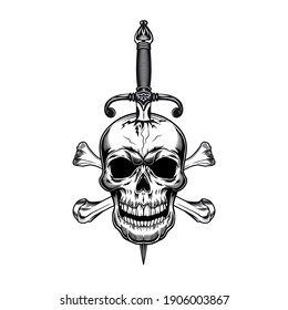 Vintage dagger and dead head tattoo design. Monochrome element with knife, skull, cross bones vector illustration in vintage style. Blade weapon concept for symbols or emblems templates