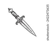 Vintage dagger. Hand drawn sketch style medieval weapon. Best for tatoo and retro historical designs. Vector illustration isolated on white.