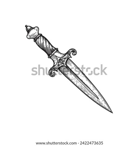 Vintage dagger. Hand drawn sketch style medieval weapon. Best for tatoo and retro historical designs. Vector illustration isolated on white.