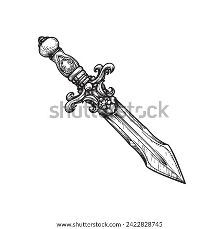 Vintage dagger. Hand drawn sketch style medieval weapon. Best for tatoo and retro historical designs. Vector illustration isolated on white.