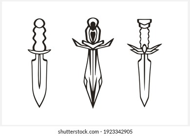 Icono de daga vintage aislado en blanco. Línea de arte Doodle. Cuchillo de esbozo. Ilustración de material vectorial. EPS 10