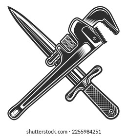 Vintage dagger knife and body shop mechanic spanner repair tool or construction wrench for gas and builder plumbing pipe in monochrome style vector illustration