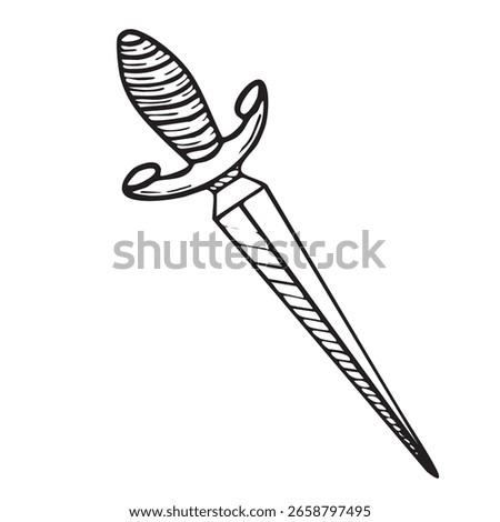Vintage dagger knife or dirk. Hand drawn sketch style medieval weapon. For tattoo and retro historical designs. Vector illustration isolated on white background 