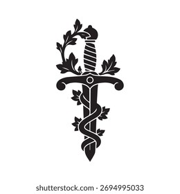 Vintage Dagger Sword with Ivy Vine Leaf Wrap Silhouette Logo Vector for Fantasy Gaming Weapon Design and Medieval Heraldry Illustration