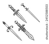 Vintage daggers set. Hand drawn sketch style medieval weapon collection. Best for tatoo and retro historical designs. Vector illustration isolated on white.