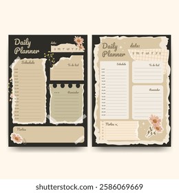 Vintage Daily Planner template set with wild flowers and dried flowers. Vector Daily Planner with Schedule and To Do List, torn paper,sections for schedule, notes, and reminders,personal organization