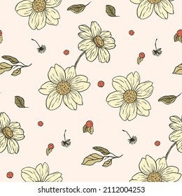 Vintage daisy floral boho seamless pattern. Ornate garden art