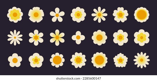 Vintage daisy flowers on black background, groovy spring daisies. Funky retro 70s style white and yellow floral design elements, cute hippie flower stickers vector set