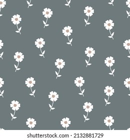 Vintage Daisy flowers seamless vector pattern. Distressed white Chamomile flowers on black background. Trendy for prints, fabric, invitation cards, wedding decoration, wallpapers, wall murals, home de