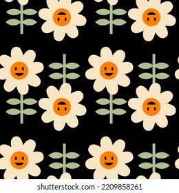 Vintage daisy flowers with smiling faces seamless pattern. Floral print for tee, paper, fabric, textile. Groovy vector illustration for decor and design.





