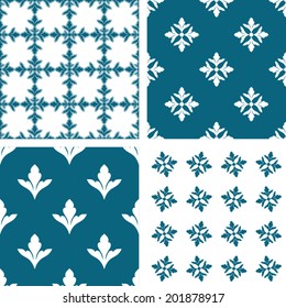 Vintage, damask backgrounds set, beautiful ornamentation, fashioned seamless patterns, blue and white vector wallpapers, floral wrapping papers, swatch fabrics for decoration and design 
