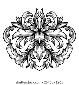 Vintage Damask Baroque Scroll Engraving Ornament. Luxurious Flourish Filigree Victorian Ornamental Decorative Element Vector Illustration